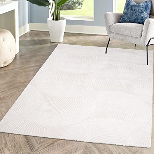 carpet city Teppich Kurzflor Wohnzimmer - Weiss - 200x290 cm - Friseé mit 3D-Effekt - Kreisförmiges Muster für Schlafzimmer Flur Esszimmer