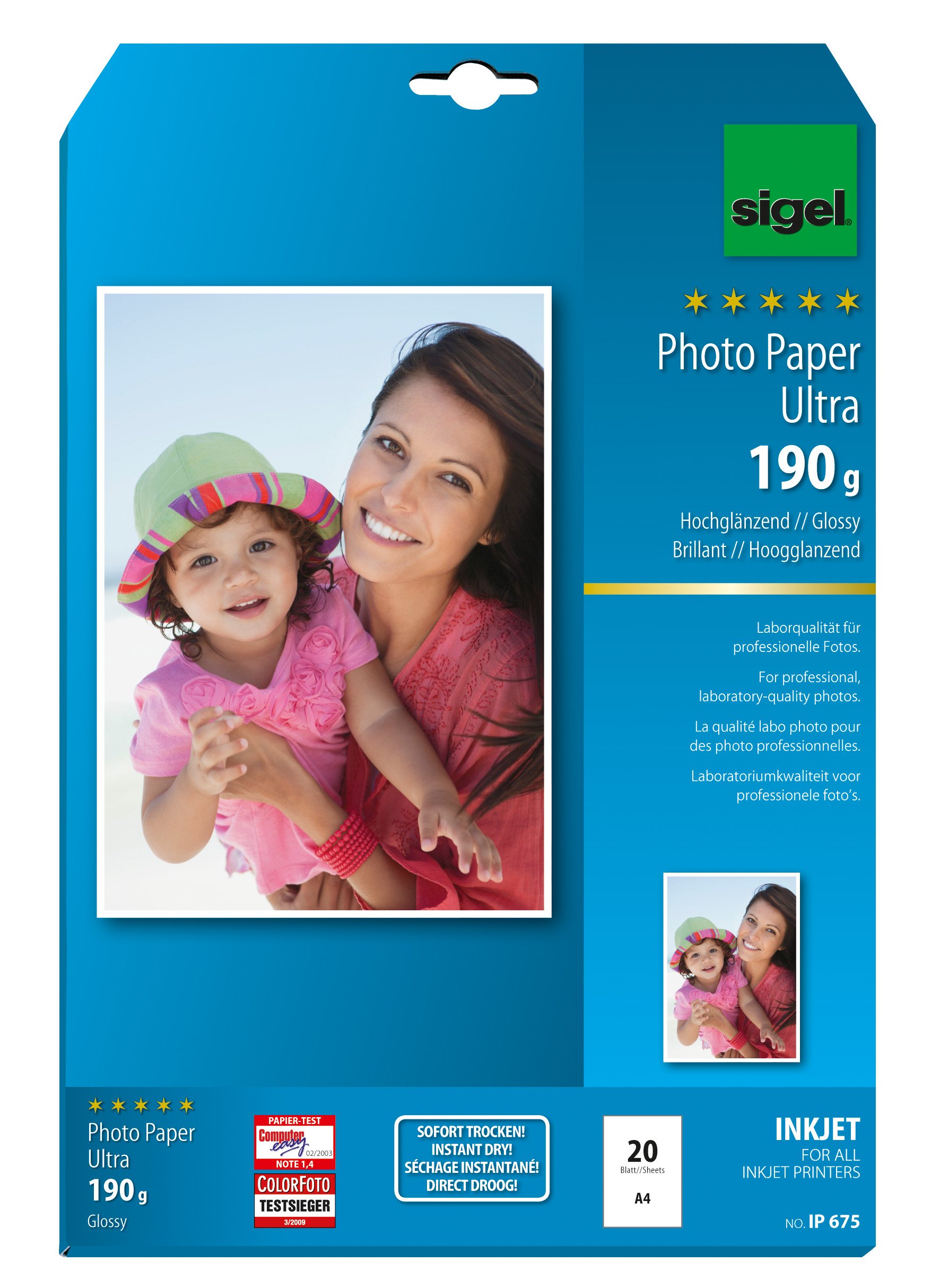SIGEL IP675 InkJet-Fotopapier Ultra, A4, 20 Blatt, hochglänzend, extrem lichtbeständig, 190 g, für hochwertige Fotografien