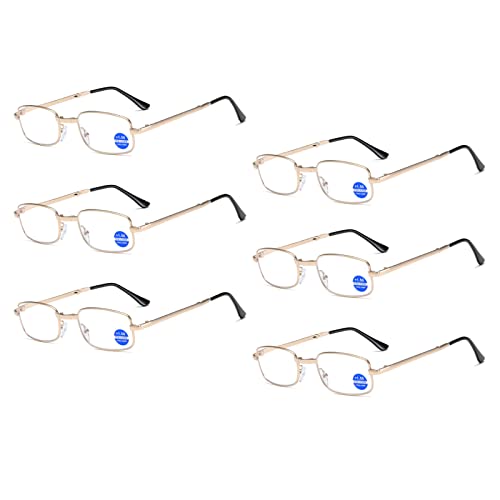 Faltbare Lesebrille Aus Metall Mit Etui Unisex-Anti-Blaulicht-Computerbrille Presbyopie-Brille Dioptrien, 6 Stück,Gold,+2.5
