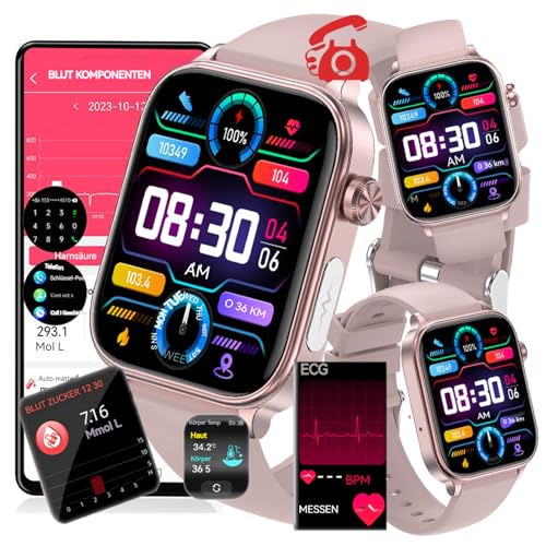 Fohatu 𝐄𝐂𝐆 Smartwatch 𝐛𝐥𝐮𝐭𝐳𝐮𝐜𝐤𝐞𝐫𝐛𝐥𝐮𝐭𝐳𝐮𝐜𝐤𝐞𝐫𝐦𝐞𝐬𝐬𝐮𝐧𝐠𝐃𝐢𝐚𝐛𝐞𝐭𝐞𝐬,Smartwatch Mit Bluetooth-Anrufe Blutfette Harnsäure Monitor,Sportuhr, Rosa