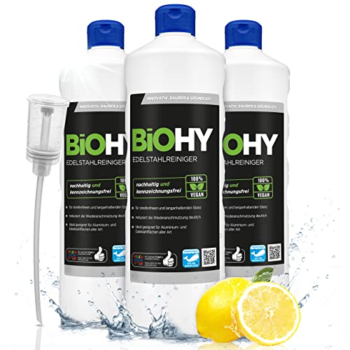 BiOHY Edelstahlreiniger (3x1l Flasche) + Dosierer | Edelstahlpflege für neuen, streifenfreien Glanz | Schutz gegen Fingerabdrücke, Schmierflecken etc. | schonend und nachhaltig