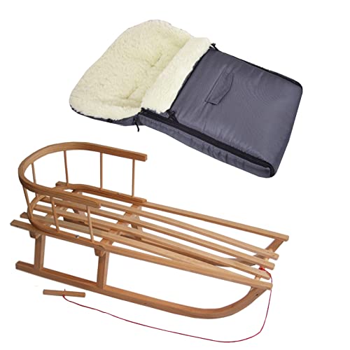 Kombi-Angebot Holz-Schlitten mit Rückenlehne & Zugseil + universaler Winterfußsack (90cm), auch geeignet für Babyschale, Kinderwagen, Buggy, Lammwolle Uni (dunkelgrau)
