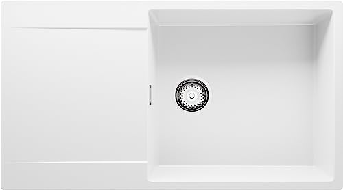 Spülbecken Weiß 90x50 cm, Granitspüle + Ablauf-Set, Küchenspüle für 60er Unterschrank, Einbauspüle von Primagran