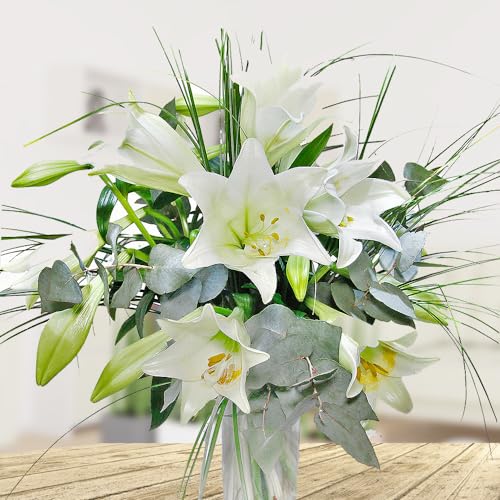 Lilienstrauß - Blumenstrauß mit Lilien und Eukalyptus - Inklusive Grußkarte # Weiße Lilien