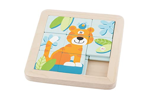 SEVI 83081 Holz Schiebepuzzle für Kinder, 9-teilig mit Tiger Motiv, Puzzleteile richtig anordnen, Holzpuzzle, Lernspielzeug ab 3 Jahren, Lernpuzzle, Orange/Blau, ca. 18 x 18 x 2 cm