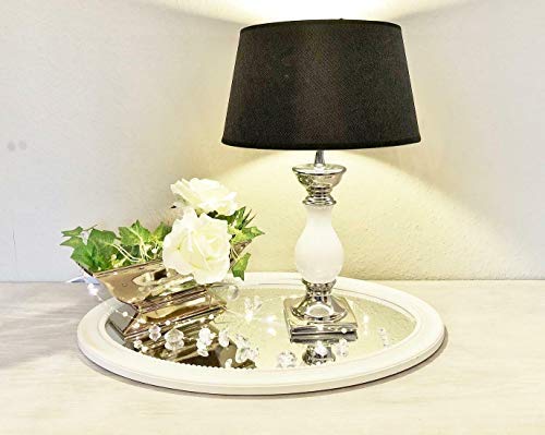 DRULINE Tischlampe Lampe Nachttisch leuchte mit Schirm Klassische Dekoration fürs Schlafzimmer | Wohnzimmer | Esszimmer| aus Keramik Mittel | L x B x H 30 x 30 x 47 cm | Weiß Silber Schwarz