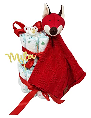 Elfenstall Windeltorte Pamperstorte mit Sigikid Strick-Schnuffeltuch personalisiert als Geschenk zur Geburt oder Taufe mit Namen des Babys (rot)