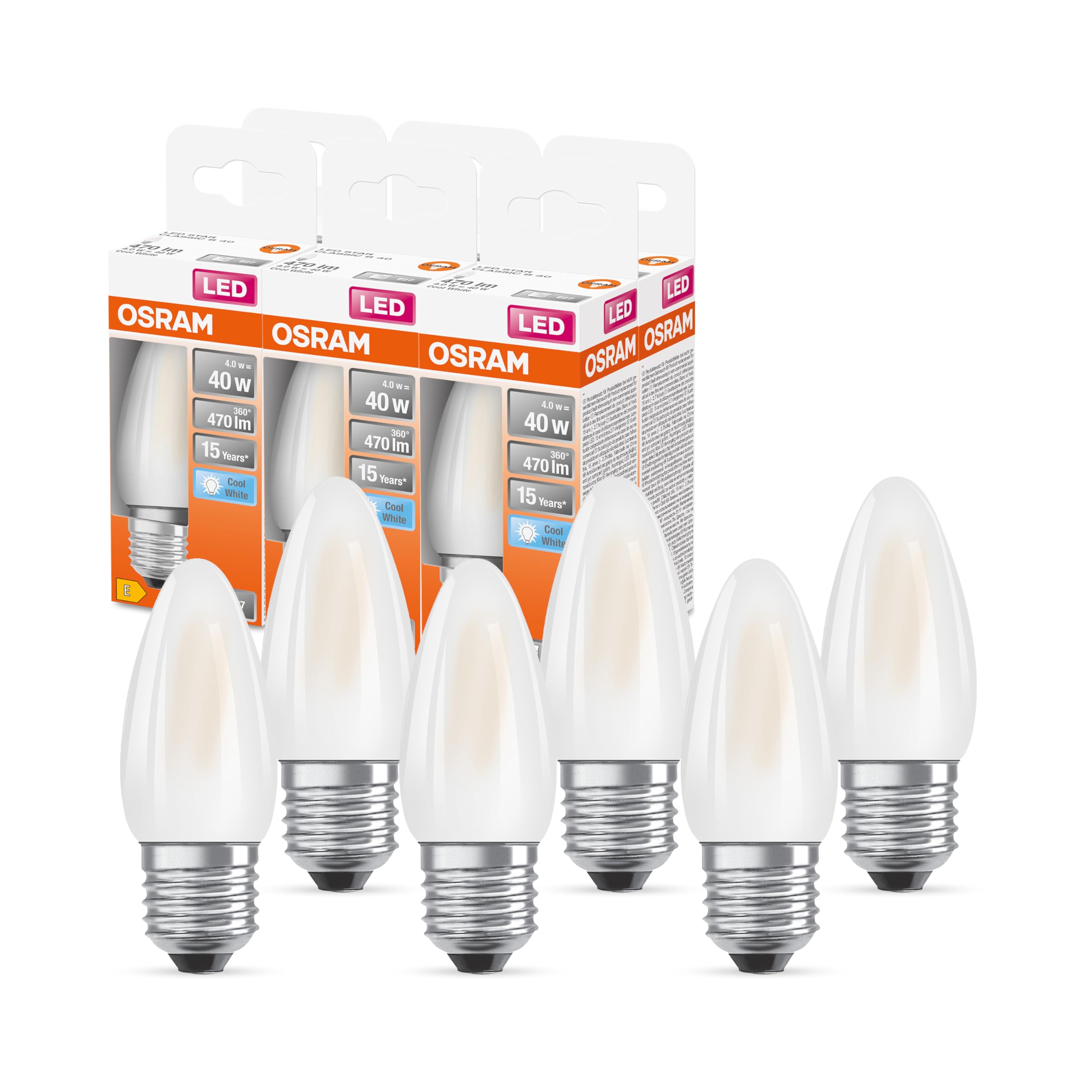 OSRAM LED Star Classic B40 LED Lampe für E27 Sockel, Kerzenform, GL FR, 470 Lumen, kaltweiß (4000K), Ersatz für herkömmliche 40W Glühbirnen, nicht dimmbar, 6er-Pack