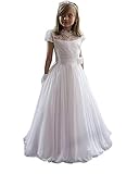 Carnivalprom Mädchen Prinzessin Blumenmädchenkleider Brautjungfern Kleider für Hochzeit Kinderkleid Spitze Kommunionkleid Mit Kurzarm Partyskleid(Weiß,8-9 Jahre)