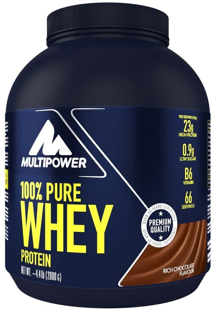 Multipower Whey Protein Shake Pulver 2 kg, Protein Pulver mit Schokoladen-Geschmack und Vitamin B6, ideal zur Regeneration des Körpers nach dem Sport