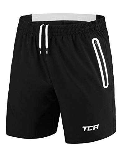 TCA Elite Tech Herren Trainingsshorts für Laufsport mit Reißverschlusstaschen - Schwarz/Weiß - L