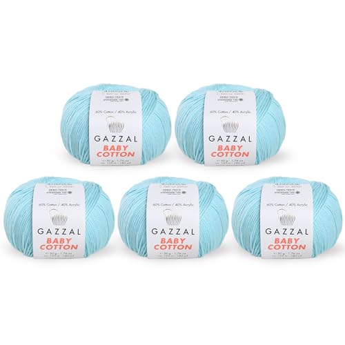 5 Knäuel (Packung) insgesamt 250 g Gazzal Baby Cotton je 50 g / 165 m weiches, feines Babygarn, 60 % Baumwolle, blau – 3451