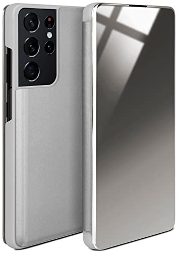 moex Dünne 360° Handyhülle passend für Samsung Galaxy S21 Ultra | Transparent bei eingeschaltetem Display - in Hochglanz Klavierlack Optik, Silber