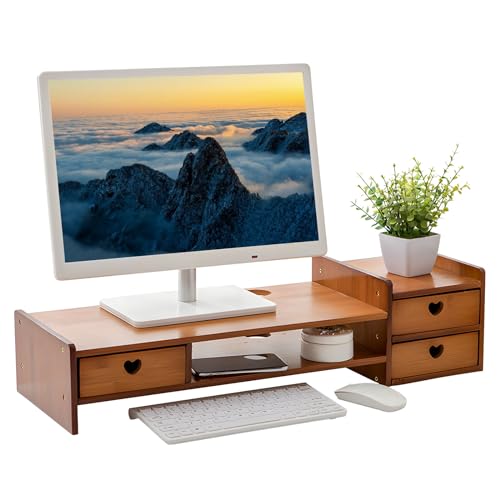 uyoyous Monitorständer Bambus Unterbau Bildschirm, Holz PC Bildschirm Ständer Montage Erforderlich Monitorständer Mit 3 Schublade Exquisit Bildschirmerhöhung Schreibtisch