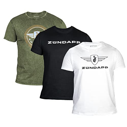 ZÜNDAPP T Shirt Herren oder Damen | Basic Tshirt 3er Set | Unisex Baumwoll T-Shirt 3er Pack (XL, Oliv meliert + schwarz Uni + weiß Uni)