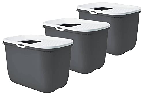 PETGARD 3er Sparpack Katzentoilette Hop IN Einstieg von Oben grau mit gratis Spielzeug