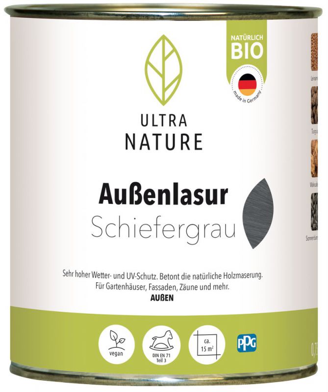 ULTRA NATURE Außen Lasur, 0,75L, Schiefergrau, Vegan, Natürlich Bio, Lösemittelfrei, Holzschutzlasur