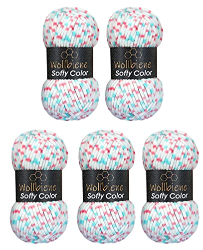Wollbiene Softy Color 5 x 100 Gramm Chenillewolle Strickwolle, Babywolle, 500 Gramm Wolle Super Bulky (weiß-rosa-petrol 117)