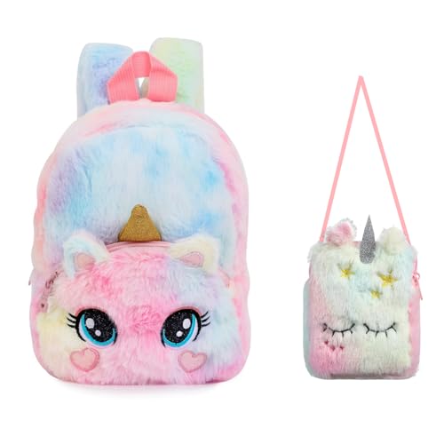 Balakaka 2Pcs Unicorn Cat Backpack Purse Set Plüsch Rucksack Mini Umhängetasche Niedlich Geldbörse Schultasche,Kawaii Kindergartentasche Geburtstag Freund Kindergartenrucksack für 3-8 Jährige