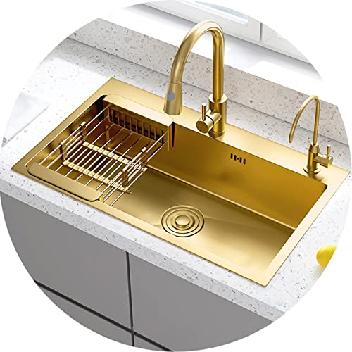 Küchenspüle Großes Waschbecken mit Einzelbecken, handgefertigtes Waschbecken für zu Hause mit Wasserhahn/Gold/72 * 45 cm