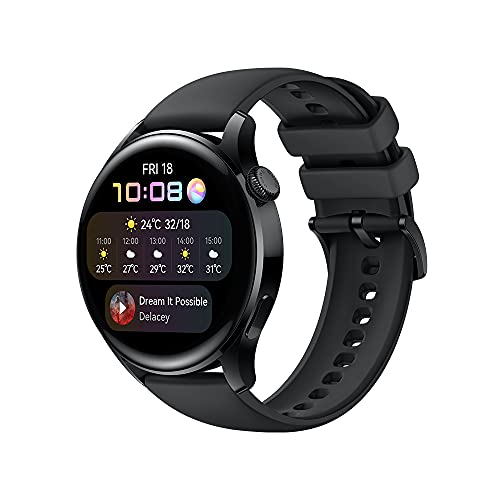 HUAWEI Watch 3 | GPS-Smartwatch mit Sp02 und Gesundheitsüberwachung für den ganzen Tag | 14 Tage Akkulaufzeit – Schwarzes Fluorelastomer-Band