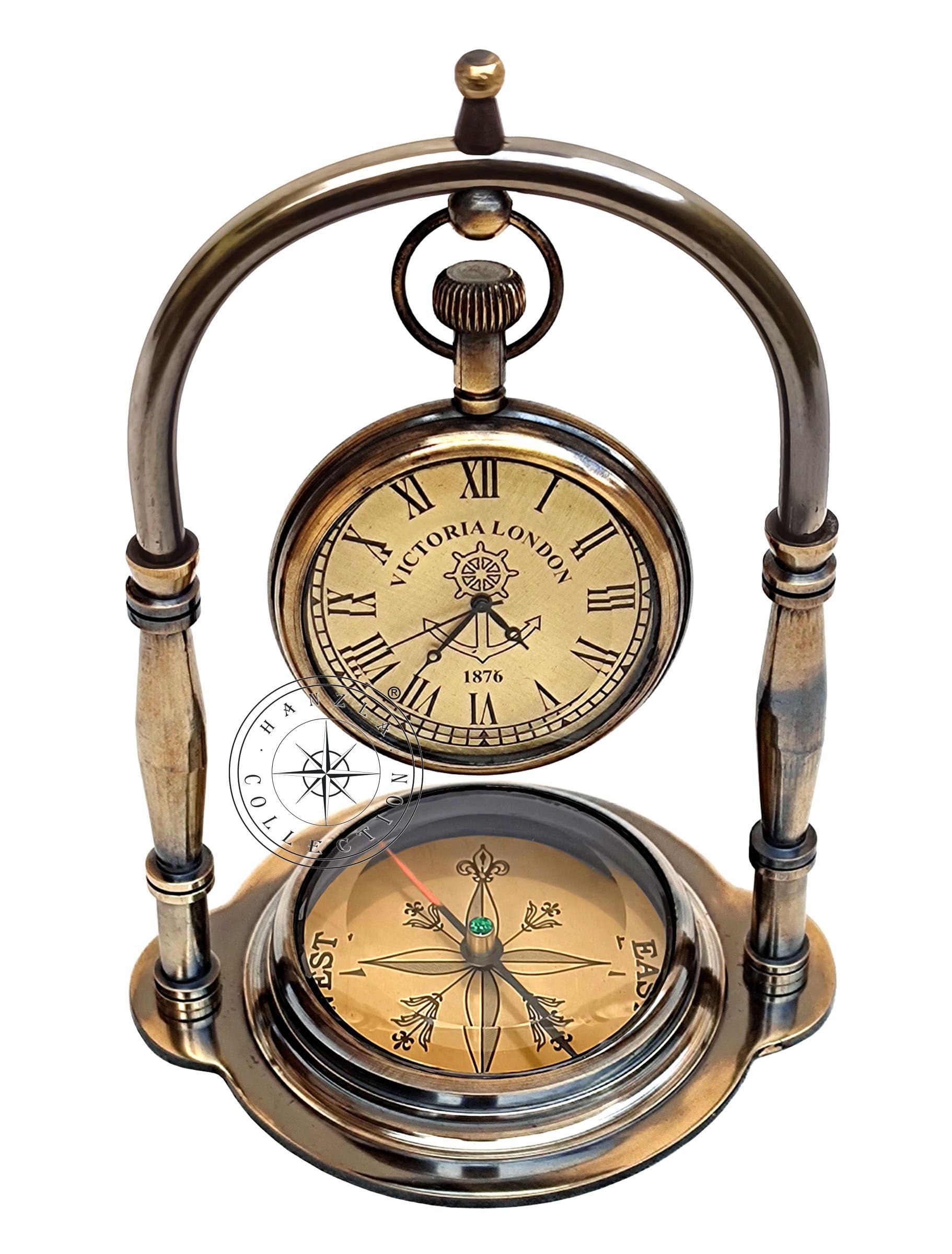Hanzla Collection Maritim Kompass Basis Nautische Tischuhr Schiffsuhr Antik Messing Hängende Schreibtischuhr Victoria London Taschenuhr Vintage Dekorative Uhr für Ihre Liebsten & Hochzeitsgeschenk