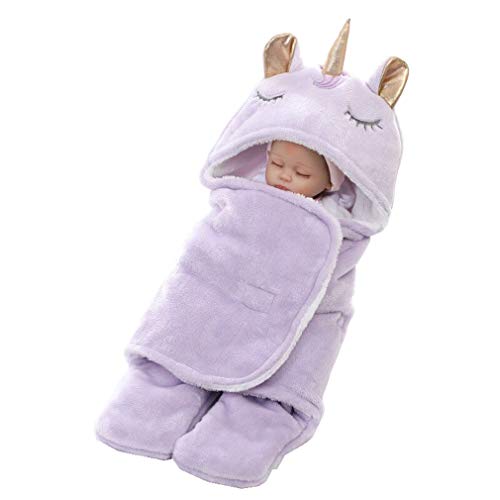 mama stadt Baby Swaddle Wrap Neugeborenen Einhorn Schlafsack Baby Kuscheldecke Fleece Warme Decke Kapuze Sleep Sack mit Getrennten Füßen, Lila 0-6 Monate