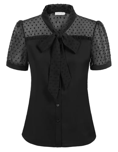 Damen Kurzarm Bluse mit Schleife T-Shirt Stehkragen Oberteile Elegant Blusenshirt Tops Schwarz S