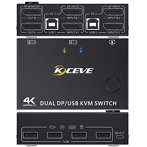 DP KVM Switch 2 Computer 2 Monitore, Zwei Monitore Displayport USB KVM Umschalter für zwei Monitore, Unterstützt 4K@60Hz für 2 Computer, die Tastatur, Maus und Monitor teilen