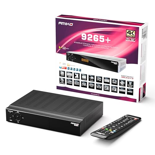 AMIKO 9265+ 4K UHD Combo Receiver, Sat- Kabel- & DVB-T2 Receiver mit PVR Aufnahmefunktion, Kartenleser, CI Schacht, für Satellitenschüssel Kabelfernsehen & DVBT2 Empfang, H.265 + M@TEC HDMI Kabel