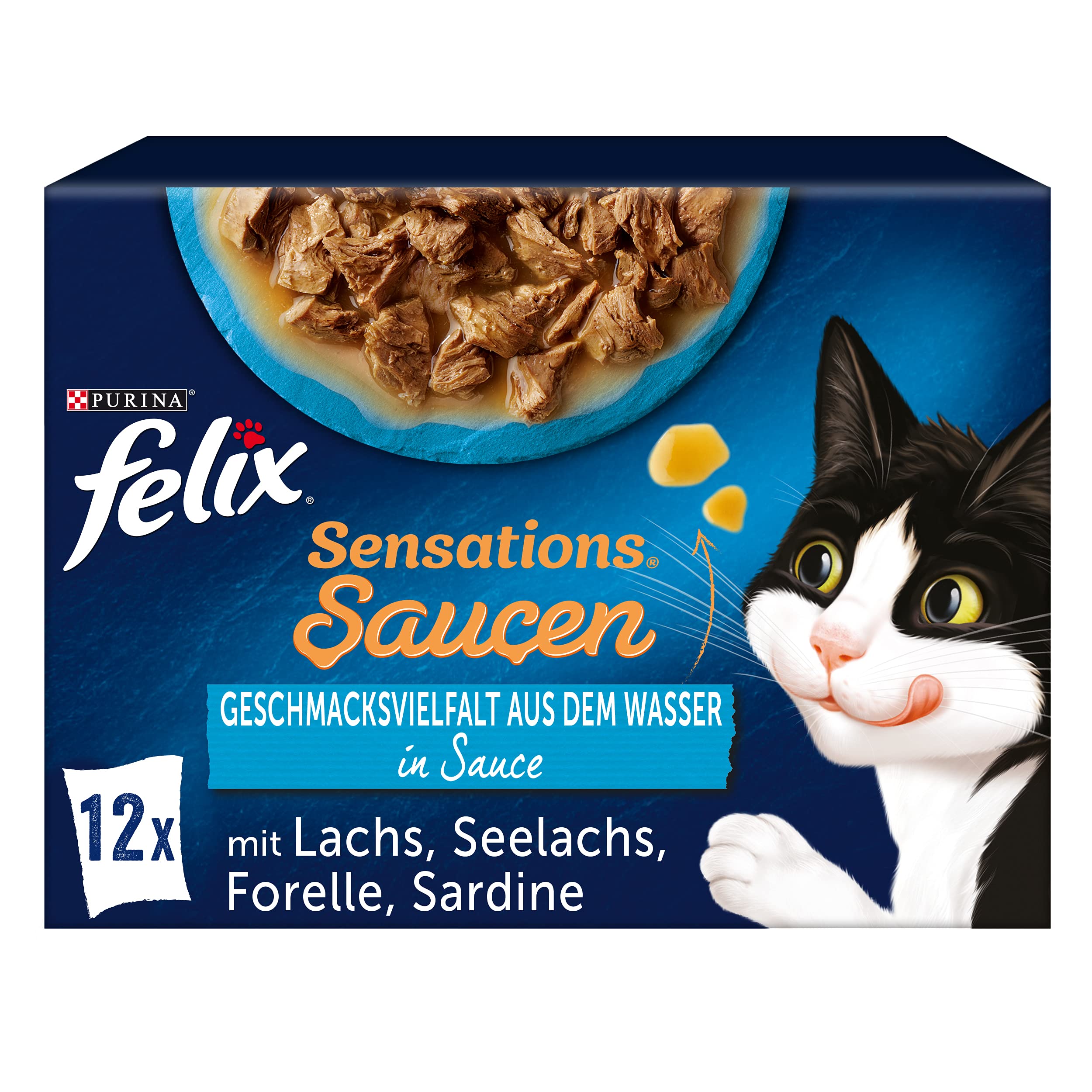 FELIX Sensations Saucen Katzenfutter nass, Fisch Sorten-Mix, 6er Pack (6 x 12 Beutel à 85g)