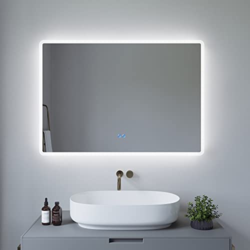 AQUABATOS 100x70cm Badspiegel mit Beleuchtung badezimmerspiegel LED Lichtspiegel Wandspiegel, Touch-Schalter Dimmbar, Kaltweiß 6400K, Spiegelheizung, Anti-beschlag, IP44, CE