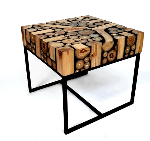 Brillibrum Design Baumscheibentisch Beistelltisch Sitzhocker handgefertigter Beistelltisch aus Mischholz kleine Baumscheiben Couchtisch Eisengestell (42x45x45 cm)