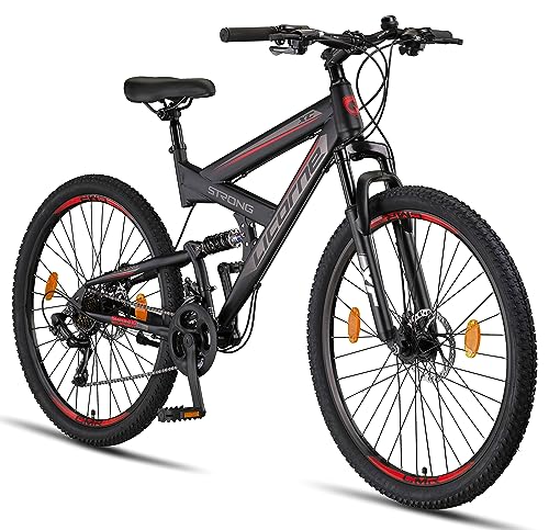 Licorne Bike Strong 2D Premium Mountainbike in 27,5 Zoll - Fahrrad für Jungen, Mädchen, Damen und Herren - Scheibenbremse vorne und hinten - 21 Gang-Schaltung - Vollfederung (Schwarz/Rot, 27.5)