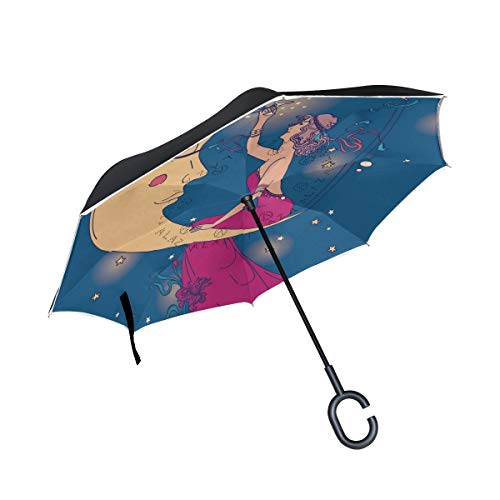 ISAOA Doppelschichtiger umgekehrter Regenschirm, selbststehend und innen au?en, Auto-Regenschirm, Jugendstil-Stil, mit Party, Frau und Mond, Sternenhimmel, winddicht, regenverkehrter Regenschirm
