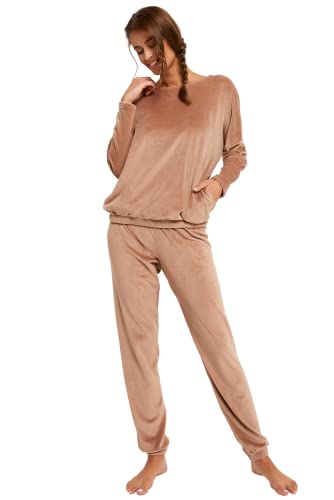 Italian Fashion IF Damen Fleece Hausanzug Schlafanzug Lang Winter Weicher Pyjama Anzug Set Zweiteiliger Bipolar Oberteil mit Taschen und Hose