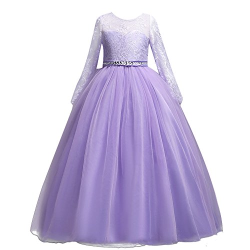 IBTOM CASTLE Festlich Mädchen Kleid für Kinder Sweet Prinzessin Langarm Spitzen Kleider Hochzeit Blumenmädchenkleid Lila 10-11 Jahre