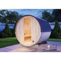 FinnTherm Fass-Sauna Mini S, 194 x 220 x 194 cm Gartensauna, Outdoor Sauna mit 42 mm Wandstärke, inkl. Montagematerial, Glastür aus Sicherheitsglas, 4 Personen, inkl. Dachschindeln, Außensauna