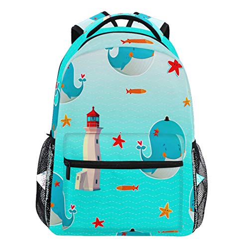 Oarencol Rucksack mit süßem Wal, Leuchtturm, Fisch, Seestern, für Reisen, Schule und Schule, für Damen und Mädchen