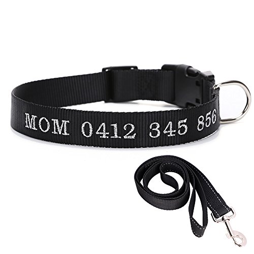 ITODA Nylon Halsband mit Wunschgravur D-Ring Stickerei Personalisierte Hundehalsband für Große Mittelgroße Kleine Hunde Klassischer Halsband und Hundeleine im Set Schwarz L