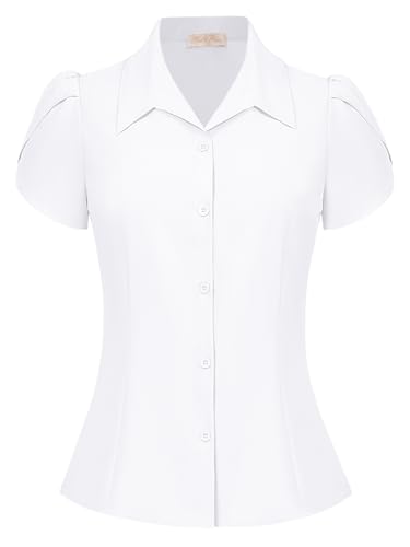 Damen Bluse Kurzarm Oberteile Elegant Kent Kragen Tops Slim Fit Shirt Freizeit Büro Weiß XL