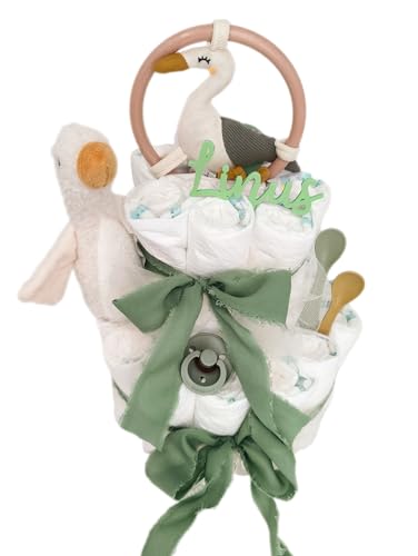 Elfenstall Windeltorte Pamperstorte mit Kuchentopper als Geschenk zur Geburt oder Taufe auf Wunsch mit Namen des Babys (Reiher)