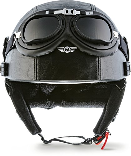 Moto Helmets® D22-Set „Leather Black“ · Brain-Cap · Halbschale Jet-Helm Motorrad-Helm Roller-Helm Scooter-Helm Bobber Mofa-Helm Chopper Retro Cruiser Vintage Pilot Biker Helmet Brille · S (55-56cm)