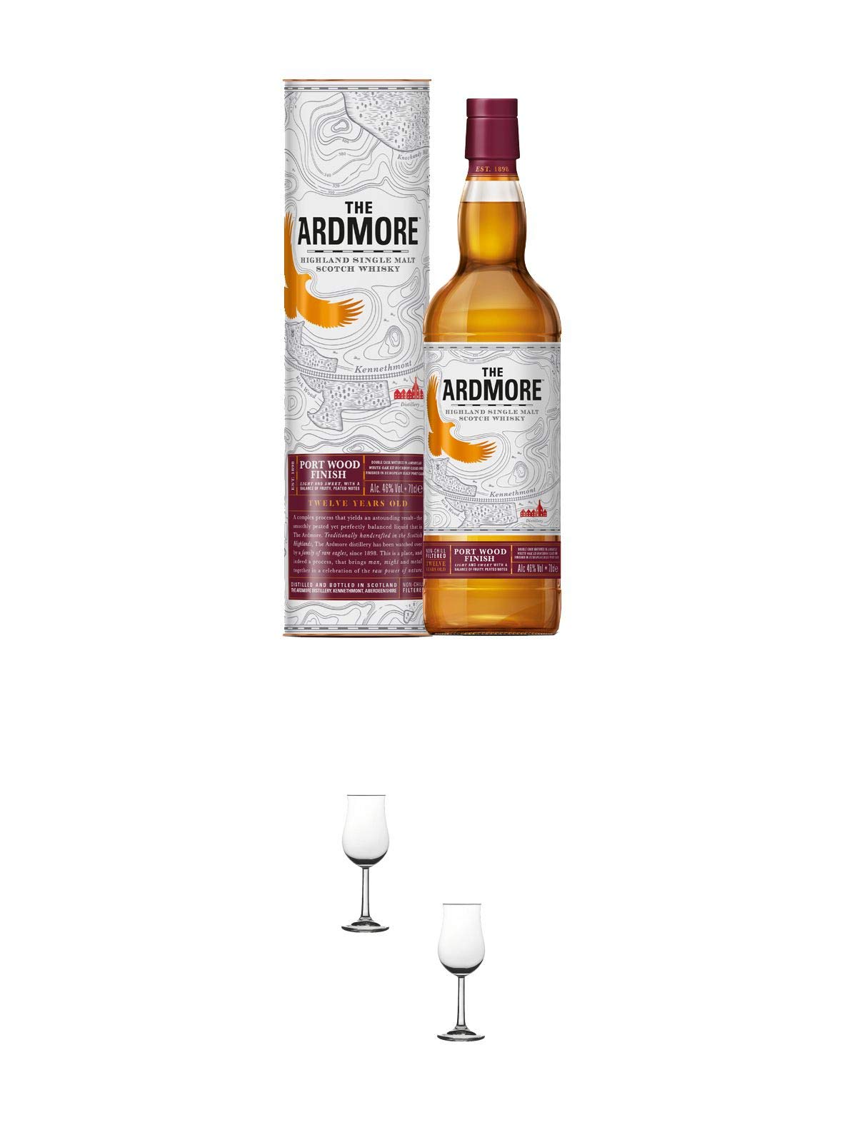 Ardmore 12 Years Old Port Wood Finish Whisky 0,7 Liter + Nosing Gläser Kelchglas Bugatti mit Eichstrich 2cl und 4cl - 2 Stück