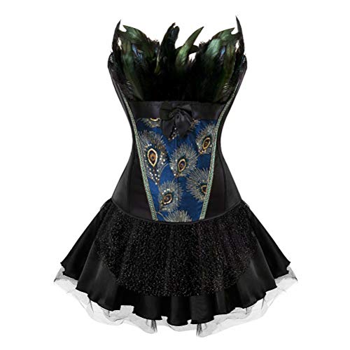 Corsagenkleid Feder Korsett Kleid Dessous Corsage elegant Stickerei Kostüme Pfau Halloween kostüm Rock Schwarz L