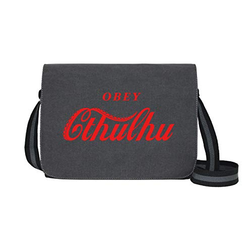Obey Cthulhu - Umhängetasche Messenger Bag für Geeks und Nerds mit 5 Fächern - 15.6 Zoll, Schwarz Anthrazit