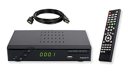 Set-ONE EasyOne 740 HD DVB-T2 Receiver inkl. 3 Monate gratis Freenet TV (Private Sender in HD), PVR Ready, Full-HD 1080p, HDMI, LAN, HBBTV, Mediaplayer, USB 2.0, 12V tauglich, 1,5m HDMI Kabel