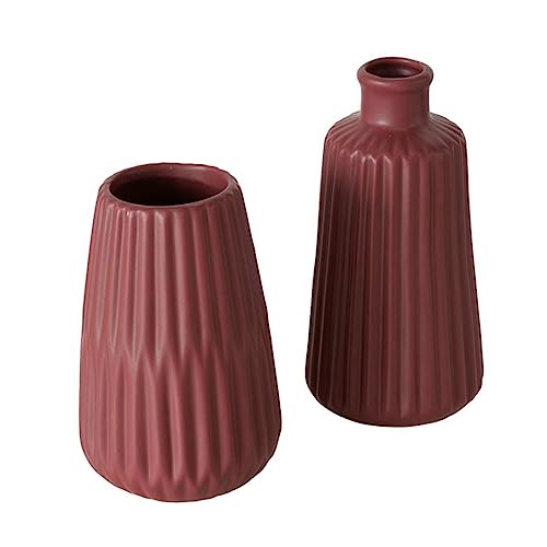 Deko Vase im 2er Set aus Keramik Mattes Design mit Rillen Höhe 18 cm Blumenvase Tischdekoration - Dunkelrot