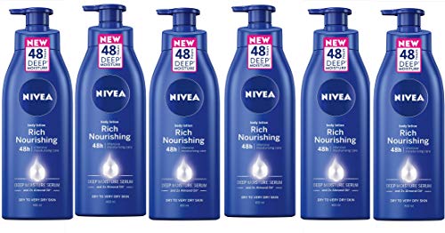 NIVEA Reichhaltige Pflegende Body Lotion 6er Pack (6 x 400 ml), 48h Replenishing Body Lotion, Intensive Feuchtigkeitscreme mit Mandelöl, Cremige Hydrating Formel