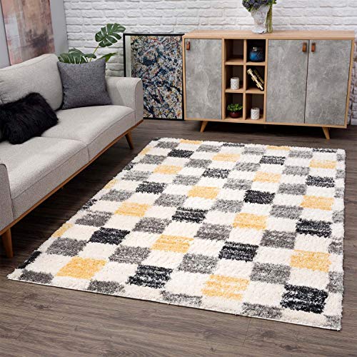 carpet city Teppich Shaggy Hochflor - Karo-Muster 80x150 cm Creme Grau Gelb - Teppiche Kariert Wohnzimmer